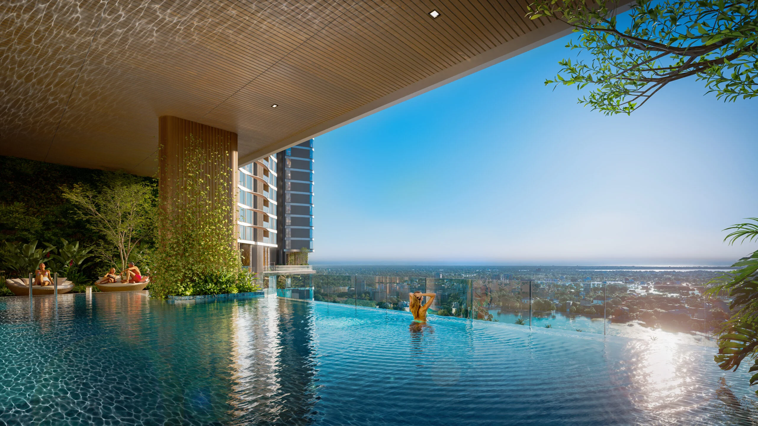 Hồ bơi vô cực trên không dài 18 m kết hợp bể Jacuzzi.